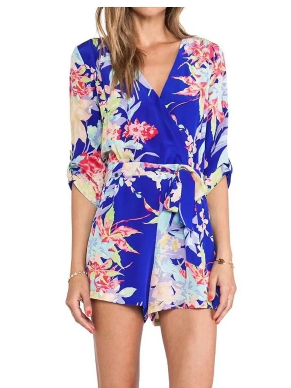 Yumi Kim Floral Romper Size Small Silk Wrap Blue Pink